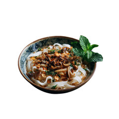 Delicious Rice Noodles with Mushrooms and Herbs in a Rustic Bowl