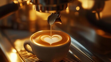 Close-up of a barista pouring milk into a latte, creating a heart-shaped latte art design, warm lighting, espresso machine blurred in background ultra-realistic.