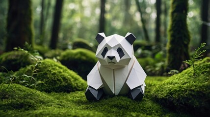 Origami Panda Figurine in a Lush Green Forest Setting