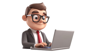 Businessman typing on a laptop 3D CARTOON CHARACTER ON WHITE BACKGROUND