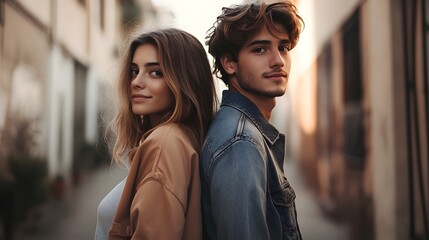 young couple standing back to back, casual fashion, bright natural lighting, outdoor urban setting 
