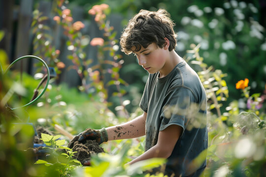 Teenager with gloves helping in a garden, work on summer holiday.