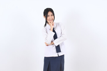 Asian student girl in school uniform hold chin with hands isolated on white background