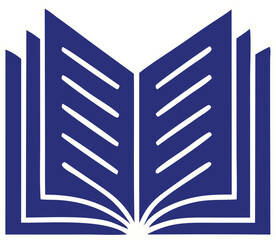 Stylized open blue book with white pages and binding representing knowledge and learning