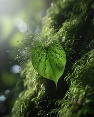 A macro view of a vibrant green leaf drenched in dew, showcasing its intricate details amidst a serene, sunlit forest environment rich with moss and natural textures.