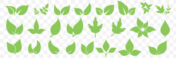 Set of green leaf icons. Green color. Leafs green color icon logo. Leaves on white background. Ecology. Vector illustration on Transparent Background. EPS 10.