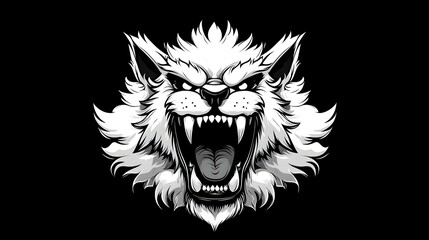 Obraz premium Ferocious white cat roaring, dark background, graphic design