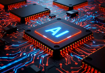 AI Microchip Close-Up with Vibrant Circuitry and Advanced Semiconductor Technology