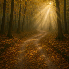 黄金色の落ち葉に包まれた秋の森と光の道が織りなす幻想的な風景写真