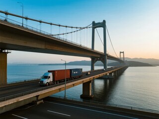 Obraz premium Truck Crossing a Suspension Bridge Over a Calm Sea at Dusk