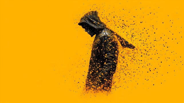 Hooded figure dissolving, yellow background, digital art, album cover - Powered by Adobe