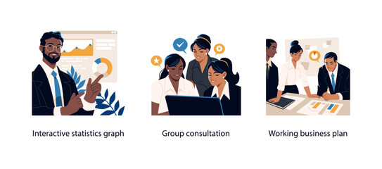 Three illustrations showing a business presentation with statistics, a group consultation at a laptop, and collaborative business planning at a table.