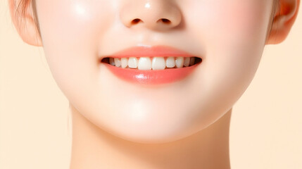 Fototapeta premium Woman's bright smile, close-up, studio, beige background, dental