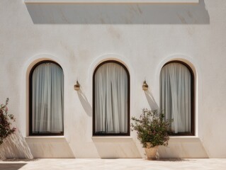 Fototapeta premium Three arched windows with white curtains. A potted plant is in front of the middle window