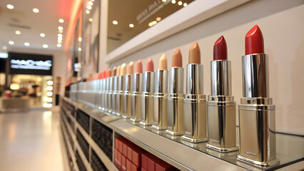Elegant Array of Lipsticks in a Cosmetics Store A Symphony of Colors and Beauty Products on Display