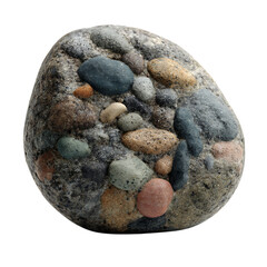 Fototapeta premium Large Conglomerate Rock Colorful Pebbles Embedded in Grey Matrix white background against transparent Background