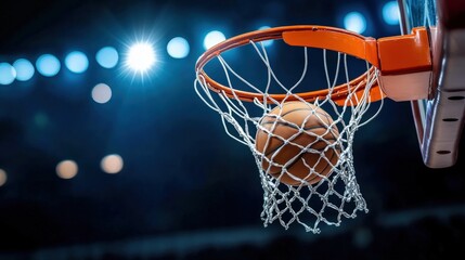 A basketball is captured mid-air, just about to pass through the hoop under bright stadium lights.