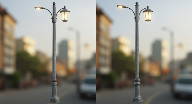 Street lamp post with two different illuminated lights against a blurred urban background setting