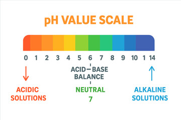 Chart illustrating pH value scale for acidic and alkaline solutions and acid-base balance in infographic form