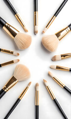 A collection of professional makeup brushes with gold handles are arranged in a circle on an isolated white background