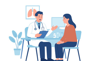 A doctor and patient are shown in a hospital medical office, representing a medicine concept, with consultation and diagnosis, in a vector illustration flat style