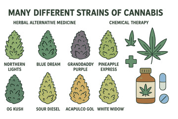 A horizontal infographic illustration about cannabis as an herbal alternative medicine and chemical therapy is depicted in many different strains of cannabis, relating to healthcare and medical