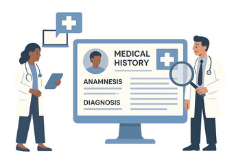 A set of medicine illustrations is available, depicting doctors utilizing online healthcare services to review patient medical histories and anamneses for diagnostic purposes, embodying the