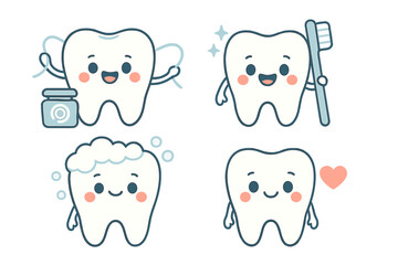 Vector set of cute cartoon teeth, including icons for baby teeth health and hygiene