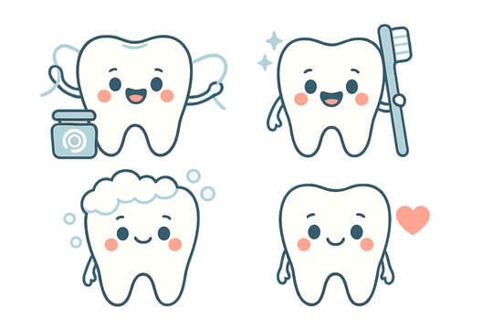 Vector set of cute cartoon teeth, including icons for baby teeth health and hygiene