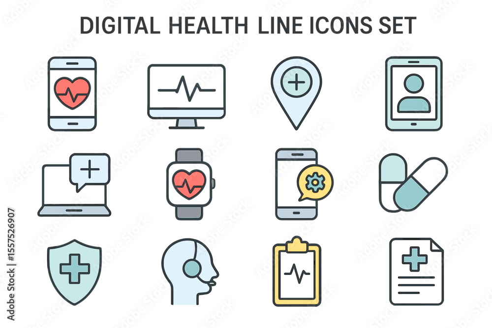 Poster a set of digital health line icons is available, featuring modern outline elements and graphic desig