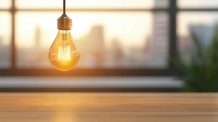 Modern workspace with a lightbulb hanging above, reflecting creativity in a professional setting.