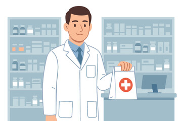 A doctor with a pharmacy background is holding a medicine bag