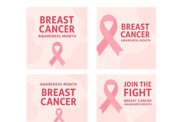 Collection of social media post templates for Breast Cancer Awareness Month, featuring an editable banner with a pink background and a ribbon design