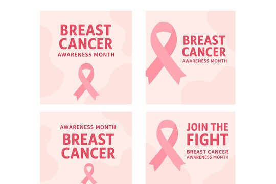 Collection of social media post templates for Breast Cancer Awareness Month, featuring an editable banner with a pink background and a ribbon design