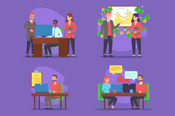 Professionals engaged in discussions and data analysis in vibrant office setting. People collaborating on projects while utilizing technology and sharing insights to drive success