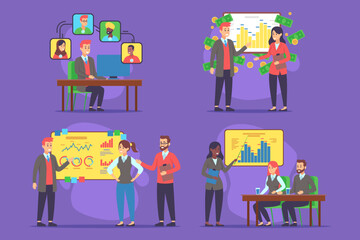 Vibrant collection of business professionals engaged in various activities like discussing data, presenting charts, and collaborating in front of screen filled with graphics and charts