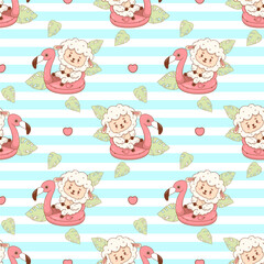 Seamless summer pattern with Cute Sheep on pink flamingo pool on striped background with tropical leaves. Cartoon Funny Beach kawaii Farm Animal character. Vector illustration. Kids collection