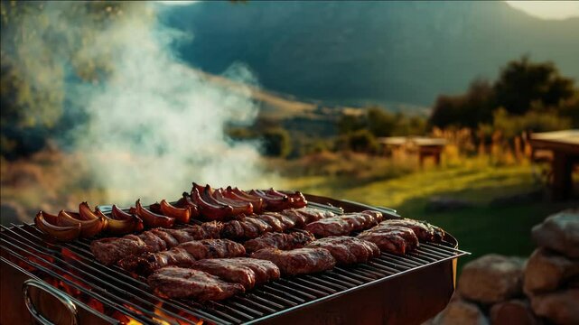 A delightful outdoor scene of a grill master preparing to cook a variety of meats over a campfire for a hearty feast.