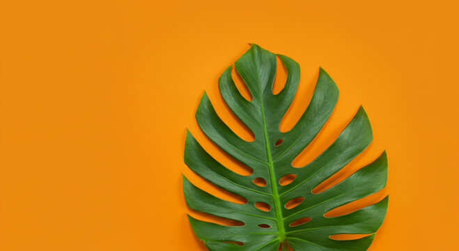 Vibrant green monstera leaf isolated on bright orange backdrop minimal botanical decor element