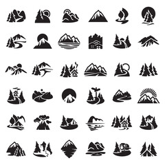 Minimalist Mountain and Forest Icons Collection Nature Adventure Silhouettes for Outdoor Branding and Design