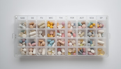 Organized daily medication pills are arranged in a pill box for a healthy lifestyle and reminders for medical care.