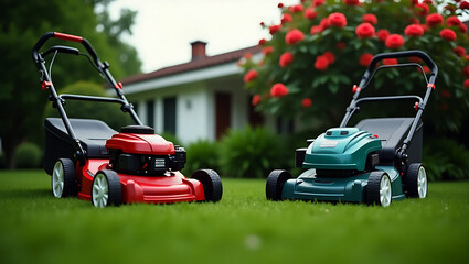 old lawnmower and lawnmower riding landscaping electric lawn mower woman cutting green grass in the backyard turf lawn mower