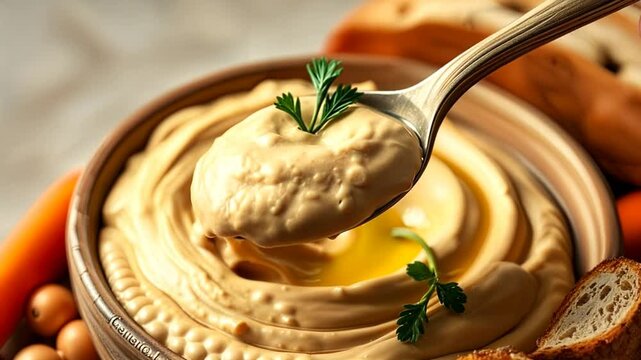 Warm and inviting rustic-chic hummus serving in motion