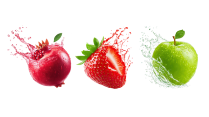 Strawberry juice splashing,  Green Apple amid splashing water ,Fruits juice splashing pomegranate juice splashing, fruit juice ad designing PNG