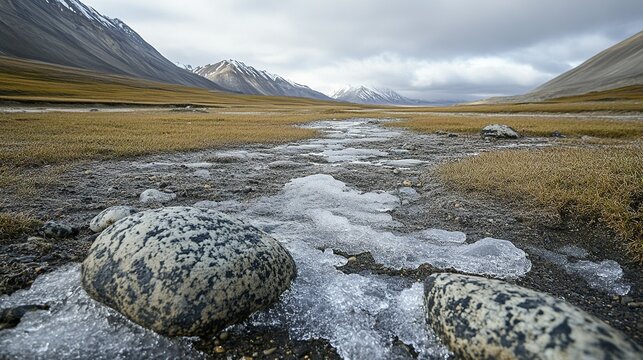 Alaska frost heave ice lenses creating soil uplift patterns in tundra biome - closeup for permafrost research, climate studies