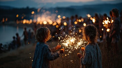 Children celebrating Independence Day with sparklers and fireworks in festive evening family gathering outdoors