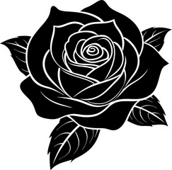 Fototapeta premium Elegant black silhouette of a blooming rose with leaves. Black and white rose vector.