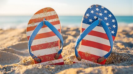 American Flag Flip-Flops on Sandy Beach with Ocean View