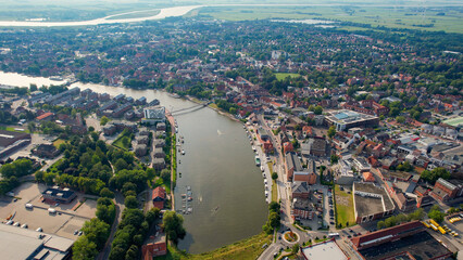 Aerial panorama view of the city Leer in the Germany on a sunny day in summer
