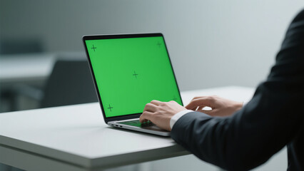 Businessman using a laptop with a green screen display in a modern workspace